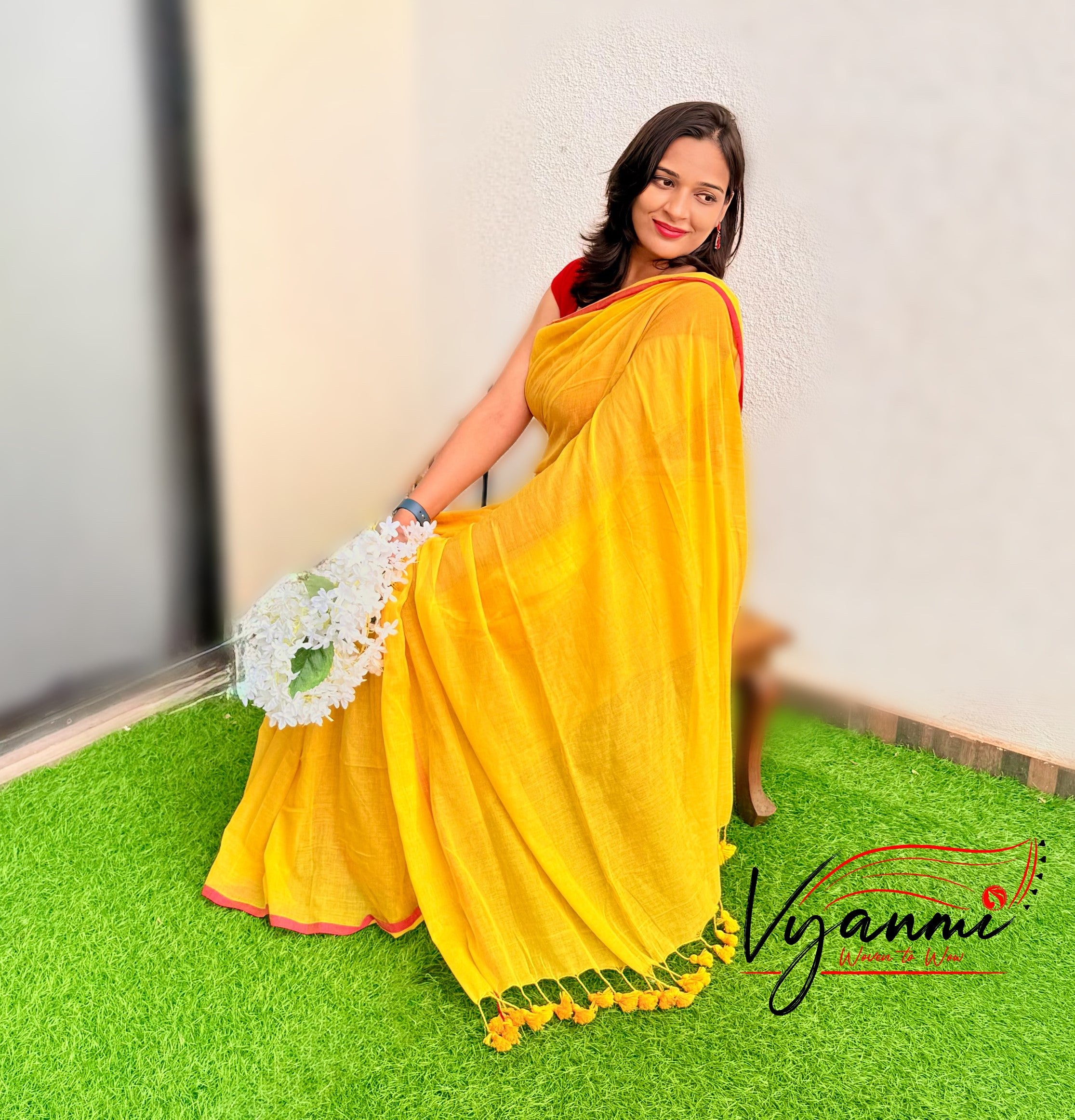 Vyanmi Marigold Mood Mulmul Saree