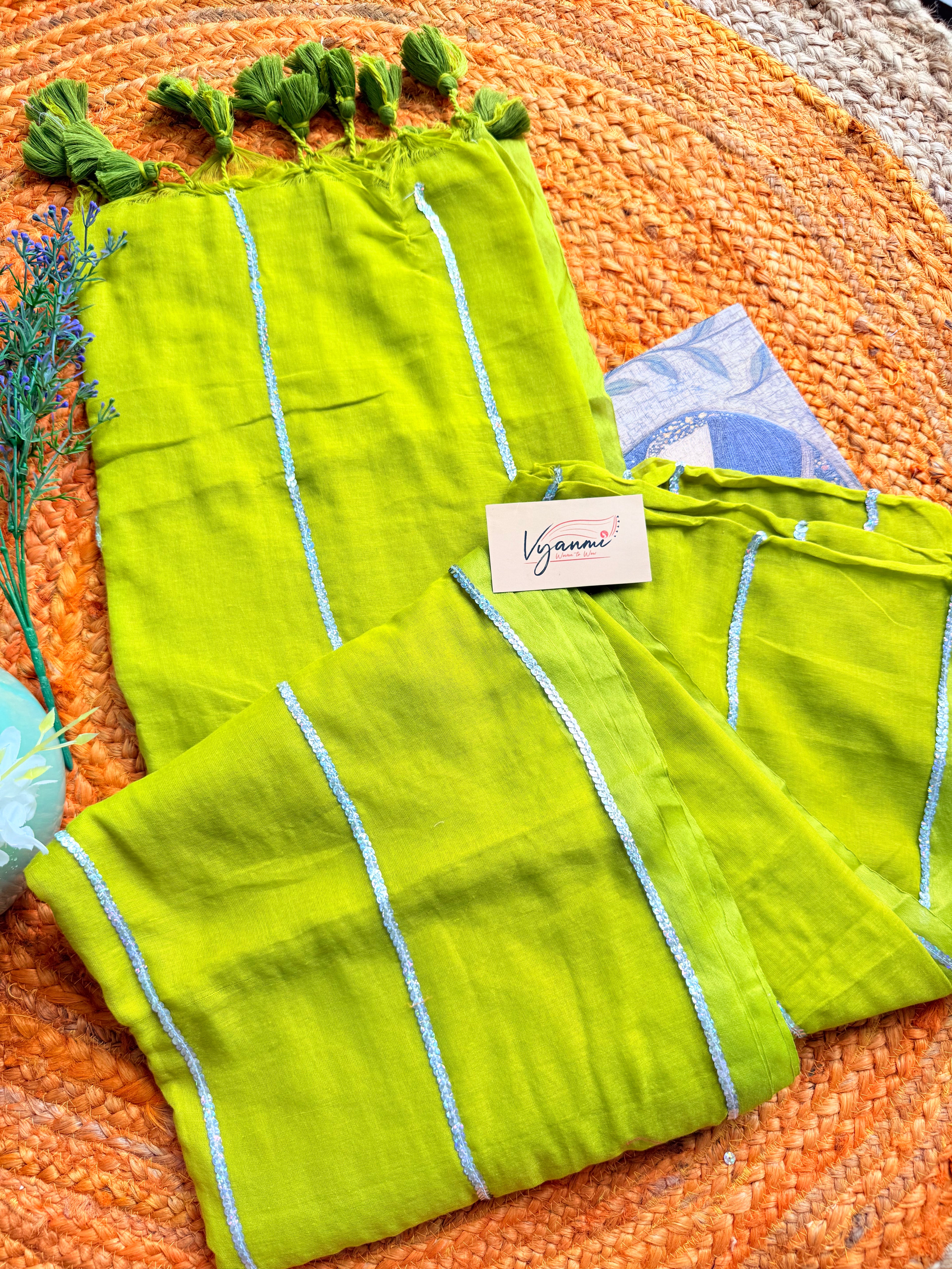 Vyanmi Lime Luxe Sequin Mulmul Saree