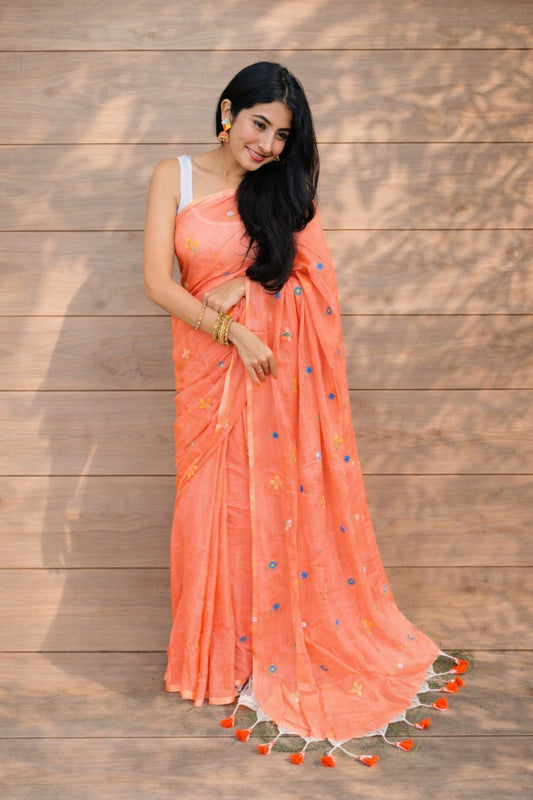 Vyanmi Pretty In Peach Mul Cotton Saree